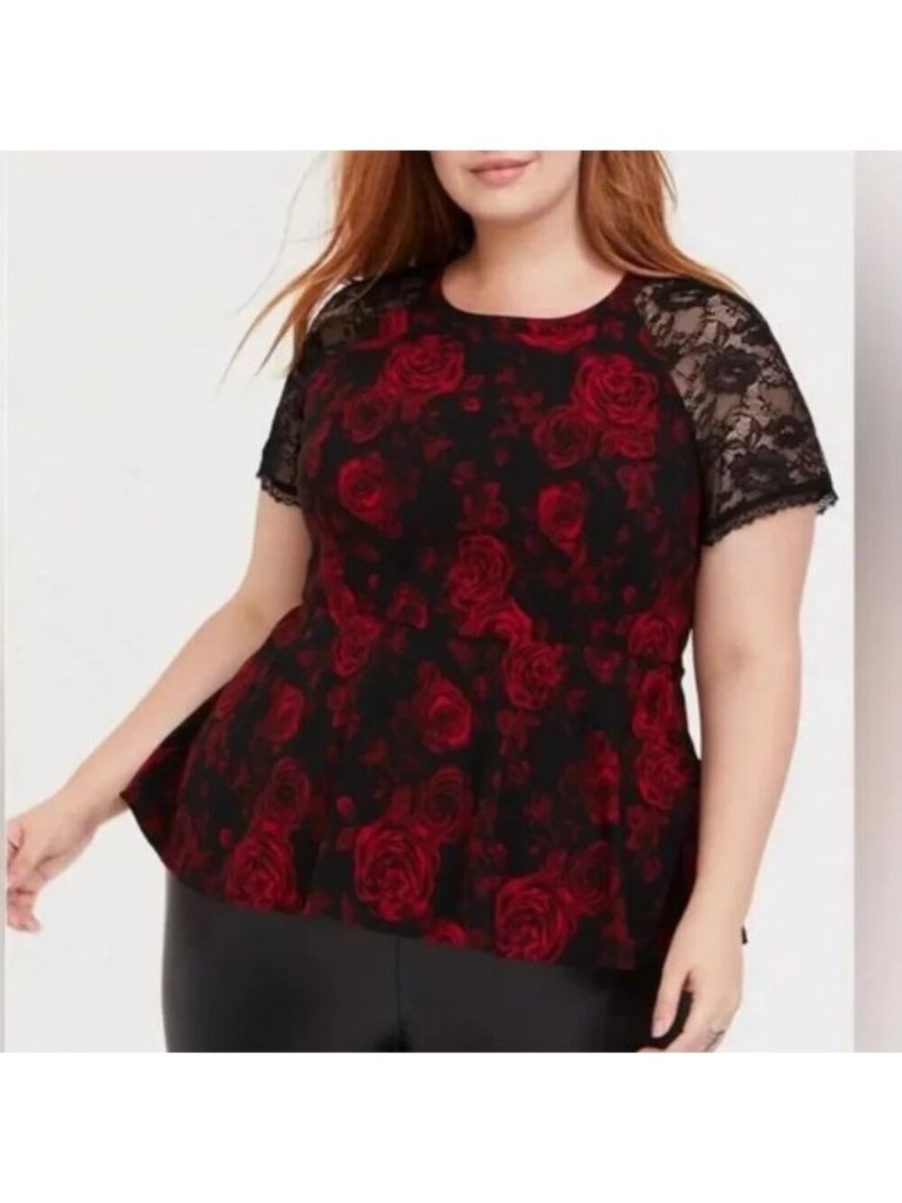 Torrid Lace Rose Floral Peplum Top Blouse Dark Romance Goth Red Black Plus 5X
